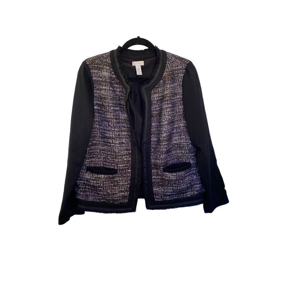 Chicos women’s tweed panel, front pocket fringe blazer/jacket size 8/10 ￼